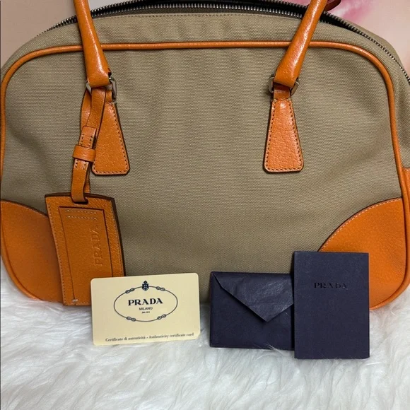 Prada Canapa + Cinghi Orange Leather Handbag/Tote travel - Picture 11 of 11
